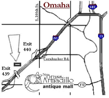 Map to the Omaha Brass Armadillo Antique Mall