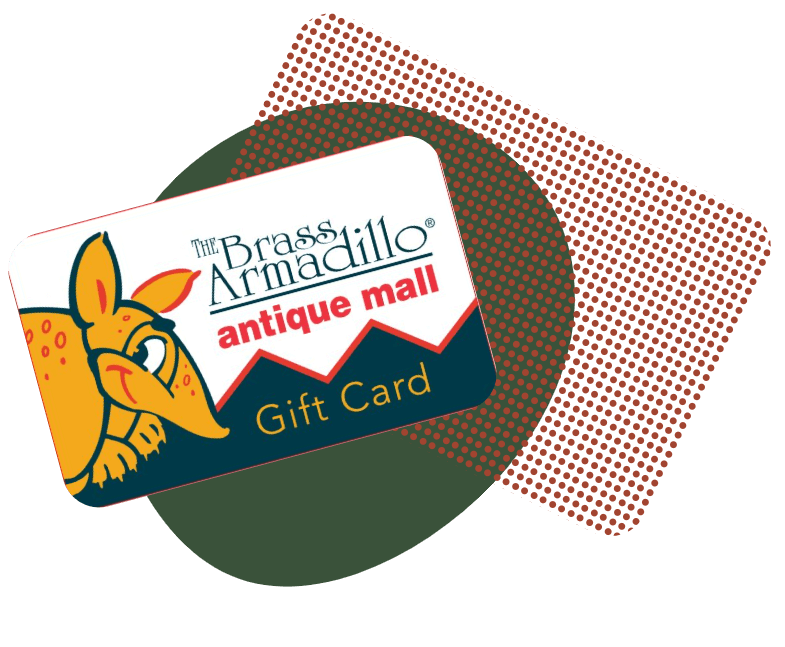 Brass Armadillo gift card graphic overlaying a green circle and red polka dots